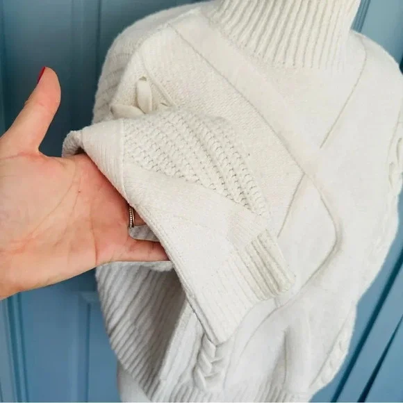 Elizabeth and James Cable Knit Cream Turtleneck Crop Sweater - Picture 5 of 9
